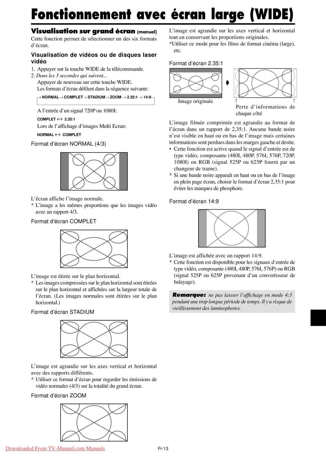 NEC PX-42XM4A, PX-50XM5A, PX-61XM4A user manual Fonctionnement avec écran large Wide, Visualisation sur grand écran manuel 