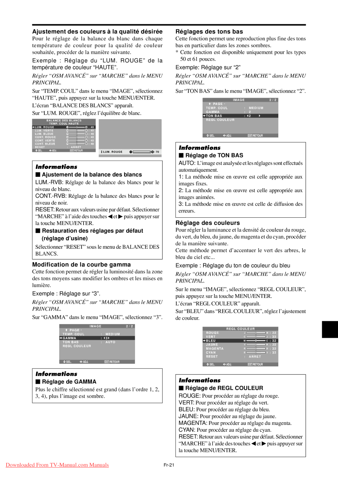 NEC PX-50XM5A Ajustement des couleurs à la qualité dé siré e, Modification de la courbe gamma, Ré glages des tons bas 