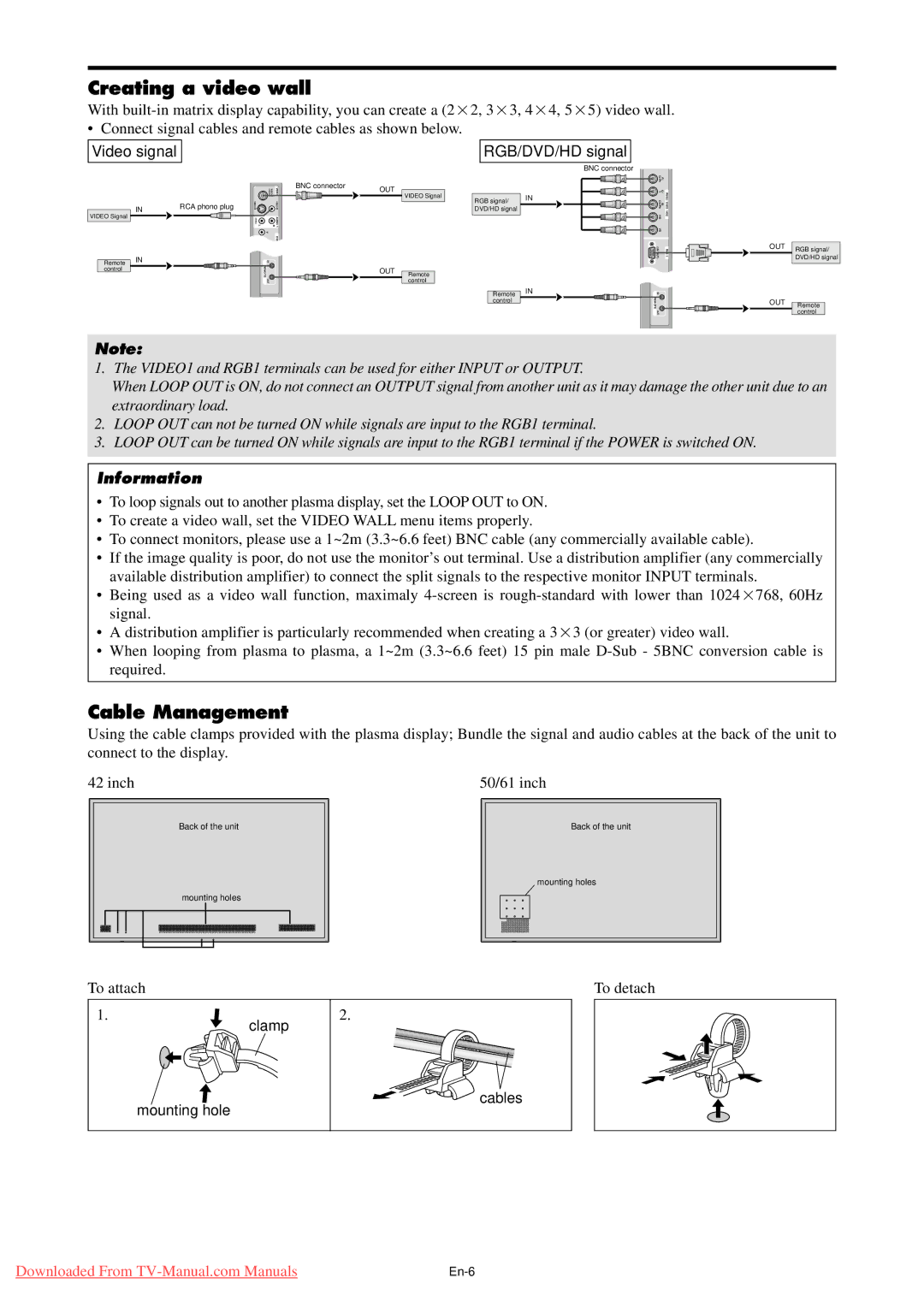 NEC PX-42XM4A, PX-50XM5A, PX-61XM4A user manual Creating a video wall, Cable Management, RGB/DVD/HD signal 