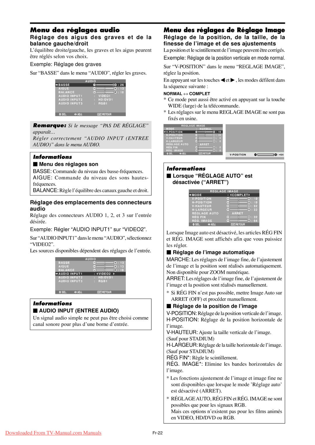 NEC PX-42XM4A Menu des réglages audio, Menu des réglages de Réglage Image, Ré glage des emplacements des connecteurs audio 