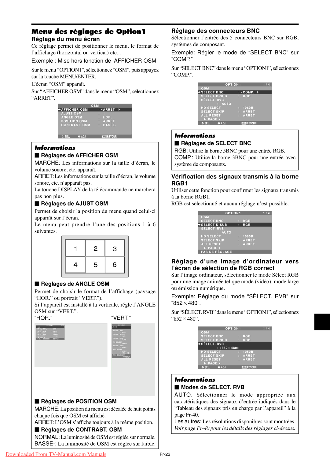 NEC PX-61XM4A, PX-50XM5A, PX-42XM4A Menu des réglages de Option1, Ré glage du menu é cran, Ré glage des connecteurs BNC 