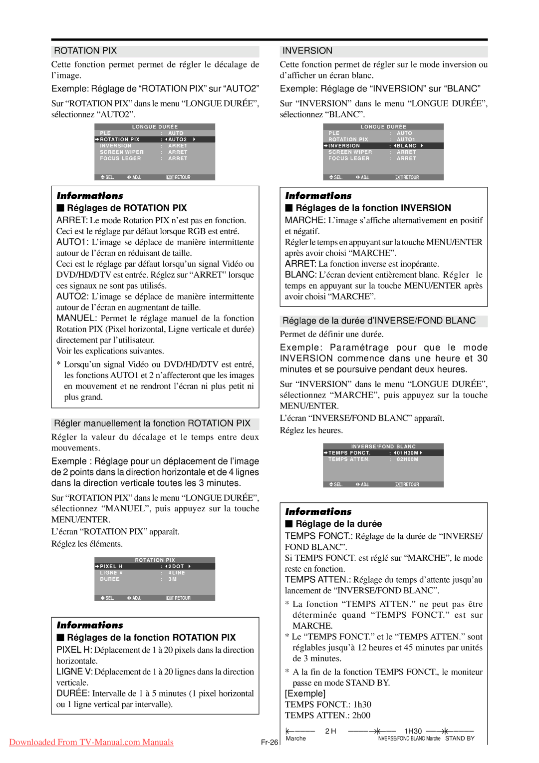 NEC PX-61XM4A, PX-50XM5A, PX-42XM4A user manual Inversion, Ré glages de Rotation PIX, Ré glage de la duré e 