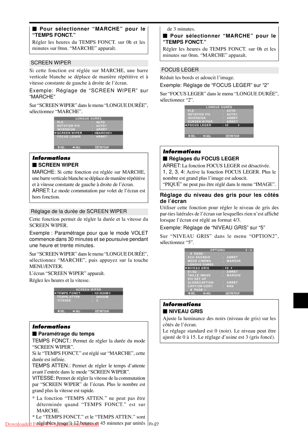 NEC PX-50XM5A Ré glage du niveau des gris pour les cô té s de l’é cran, Pour sé lectionner Marche pour le Temps Fonct 