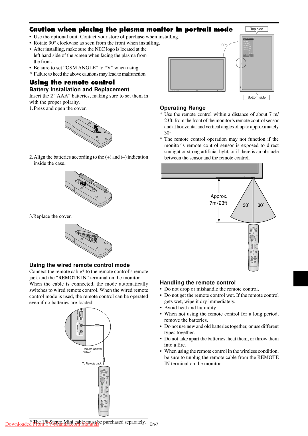 NEC PX-61XM4A Using the remote control, Battery Installation and Replacement, Using the wired remote control mode, 7m/23ft 