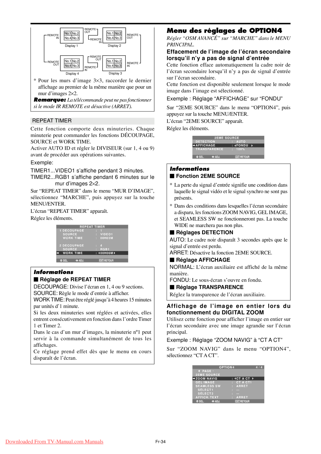 NEC PX-42XM4A, PX-50XM5A Menu des réglages de OPTION4,  Fonction 2EME Source,  Ré glages Detection,  Ré glage Affichage 