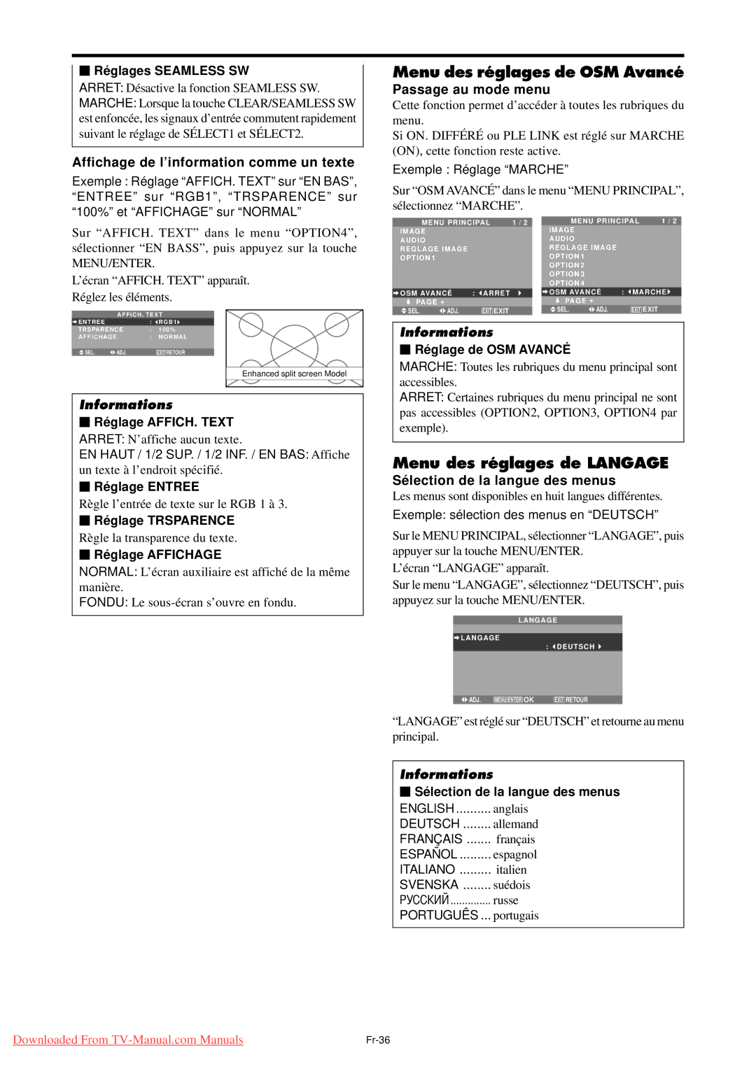 NEC PX-50XM5A Menu des réglages de OSM Avancé, Menu des réglages de Langage, Affichage de l’information comme un texte 