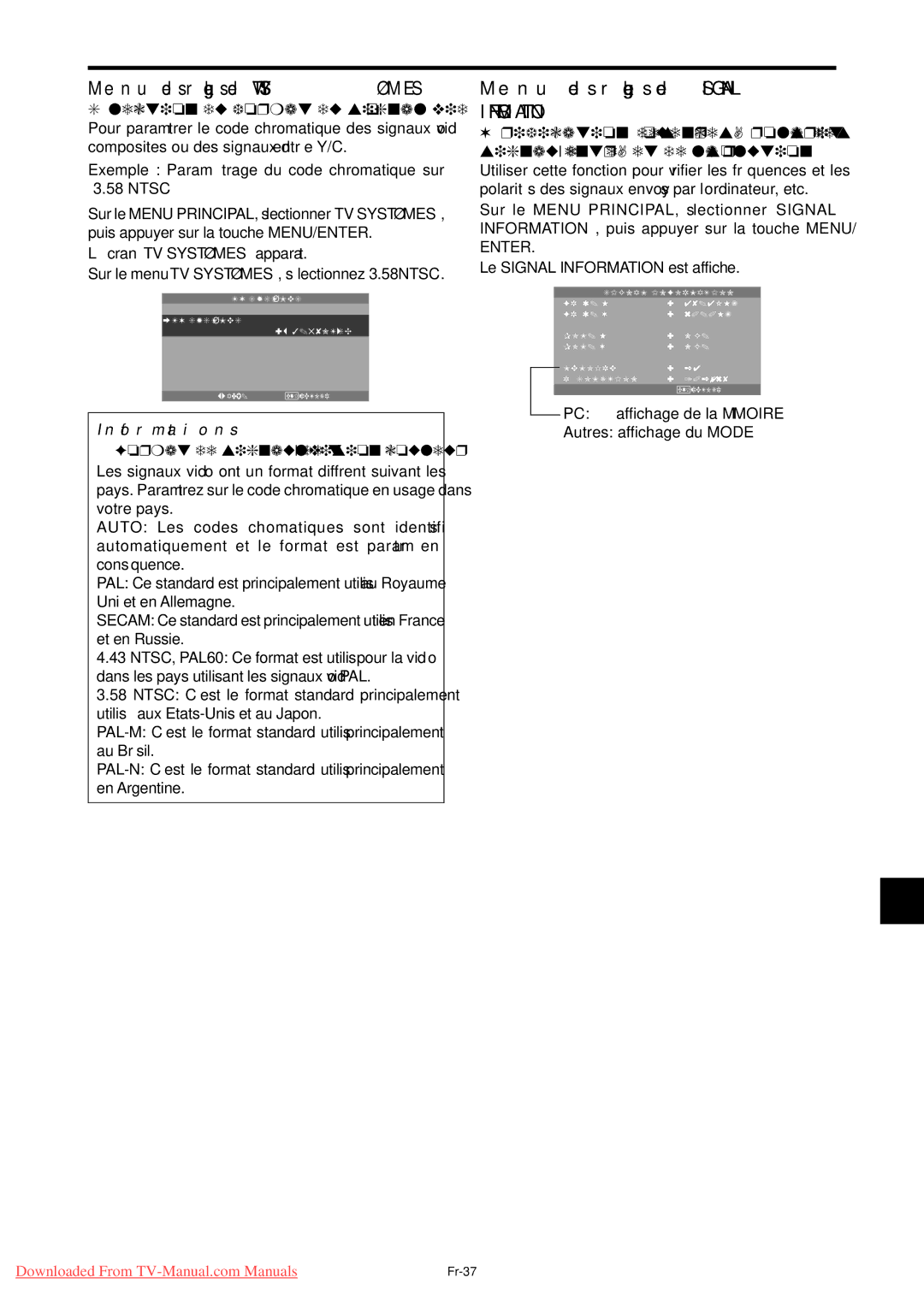 NEC PX-42XM4A, PX-50XM5A, PX-61XM4A user manual Menu des réglages de TV Systèmes, Menu des réglages de Signal Information 