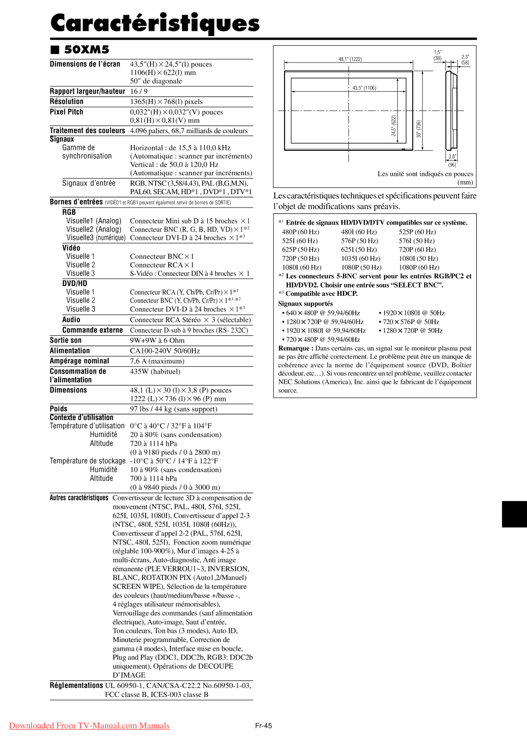 NEC PX-50XM5A, PX-42XM4A, PX-61XM4A user manual 1365H×768l pixels 