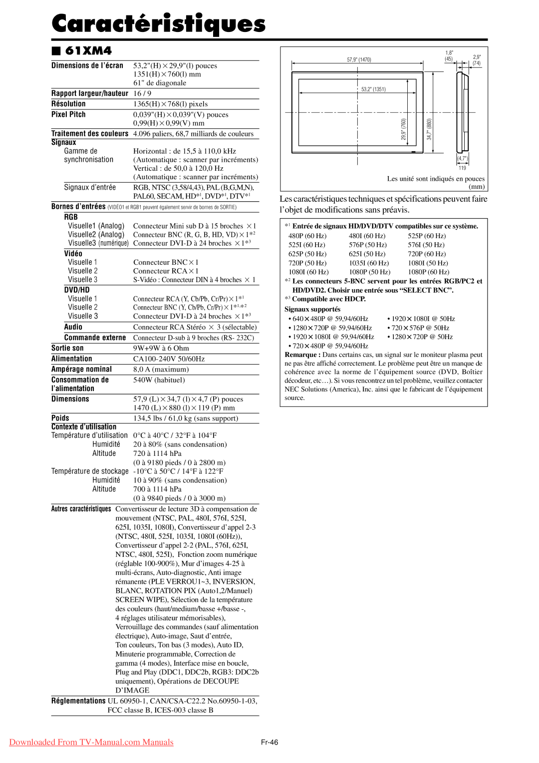 NEC PX-42XM4A, PX-50XM5A, PX-61XM4A user manual 039H×0,039V pouces 