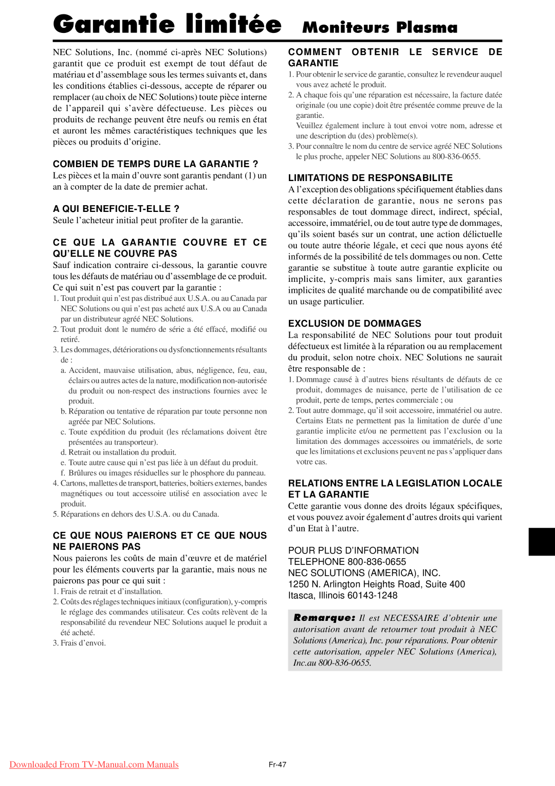 NEC PX-61XM4A, PX-50XM5A, PX-42XM4A user manual Garantie limitée Moniteurs Plasma 