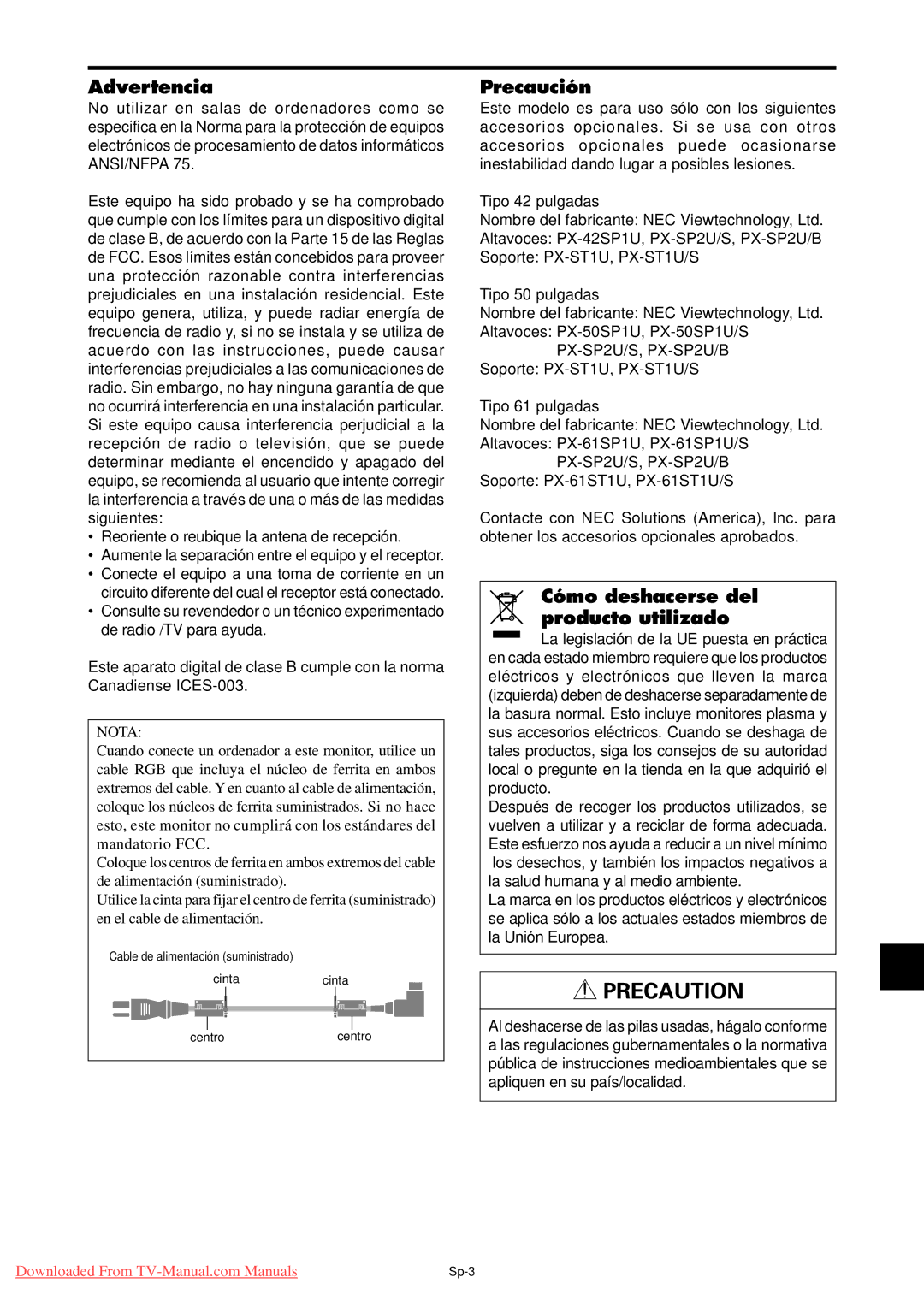 NEC PX-61XM4A, PX-50XM5A, PX-42XM4A user manual Advertencia, Precaución, Cómo deshacerse del producto utilizado 