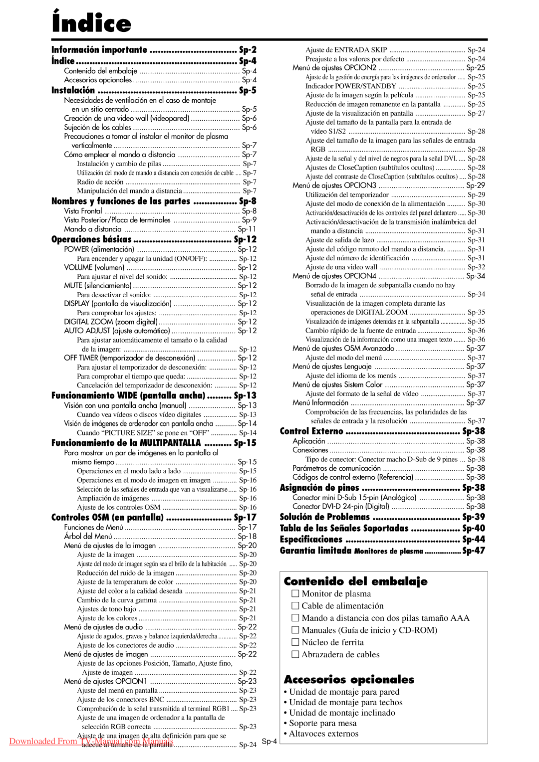 NEC PX-50XM5A, PX-42XM4A, PX-61XM4A user manual Índice, Contenido del embalaje, Accesorios opcionales 