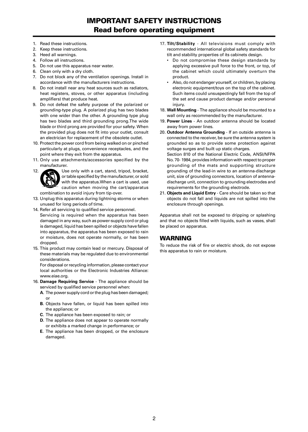 NEC PX-50XR4A operation manual Important Safety Instructions 