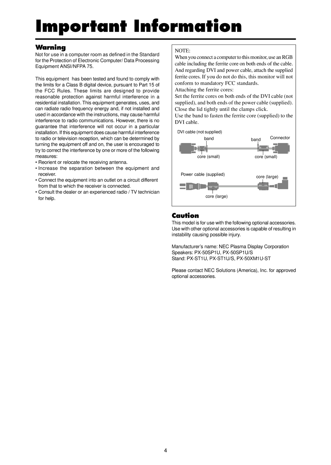 NEC PX-50XR4A operation manual Important Information 