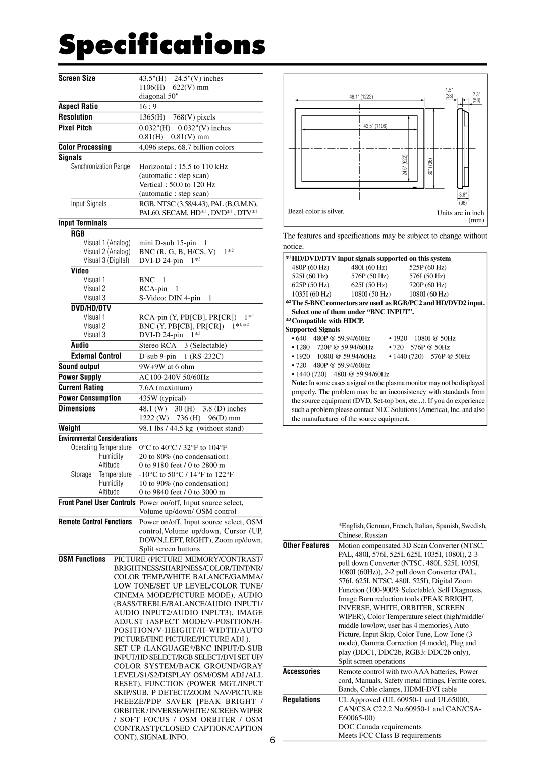 NEC PX-50XR4A operation manual Specifications, Rgb, Dvd/Hd/Dtv 