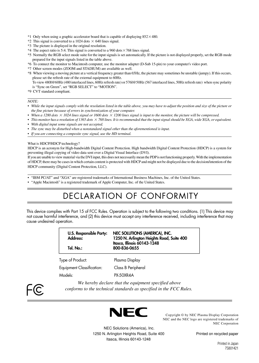 NEC PX-50XR4A operation manual Declaration of Conformity 