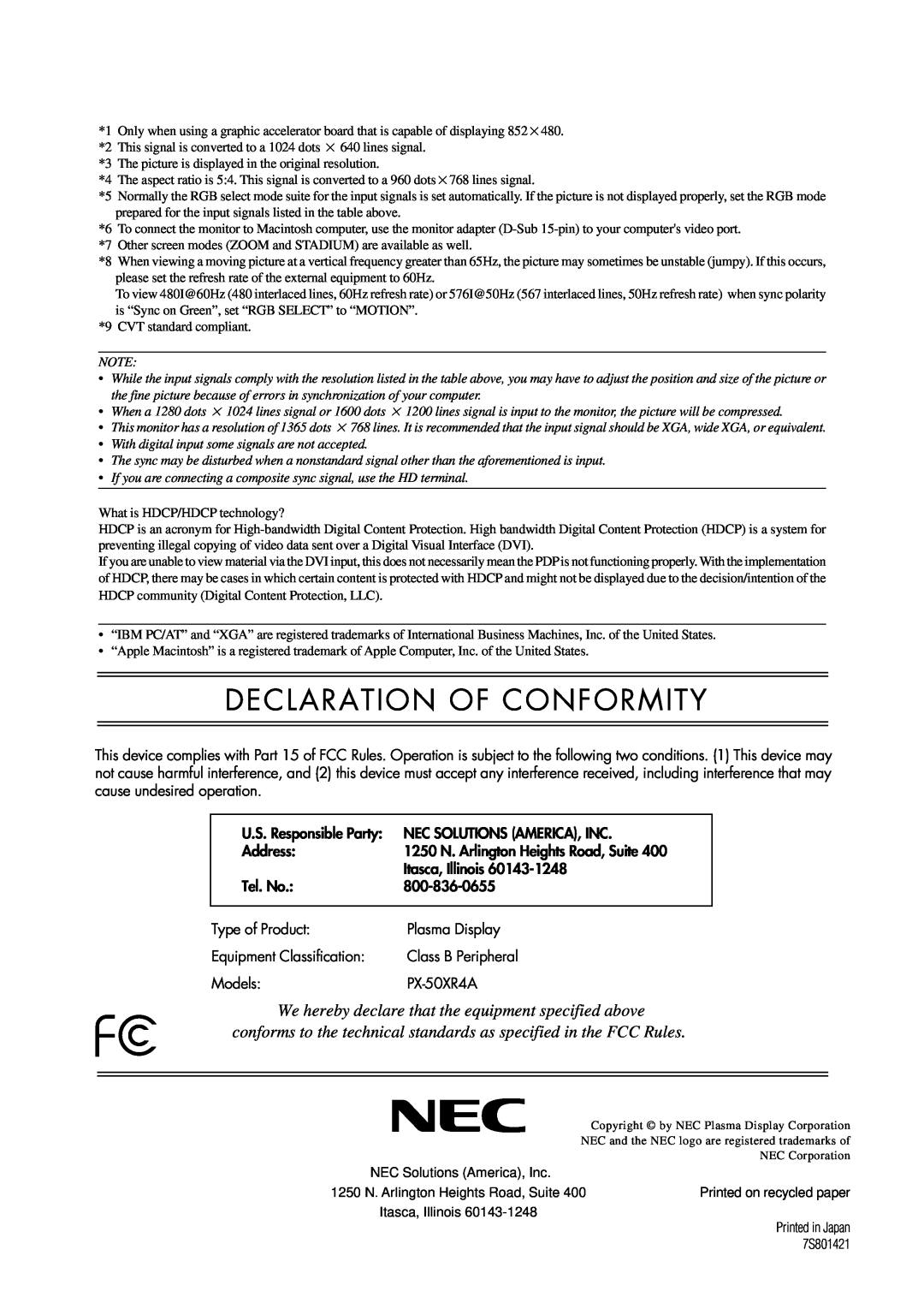 NEC PX-50XR4A operation manual Declaration Of Conformity 