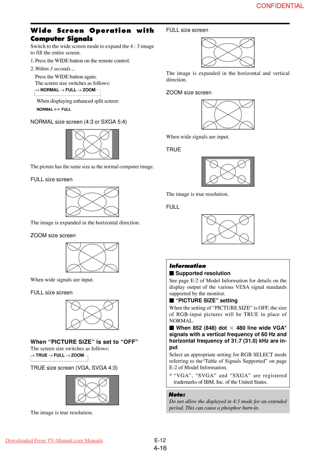 NEC PX-61XM3G user manual When Picture Size is set to OFF, True, Full,  Supported resolution,  Picture Size setting 