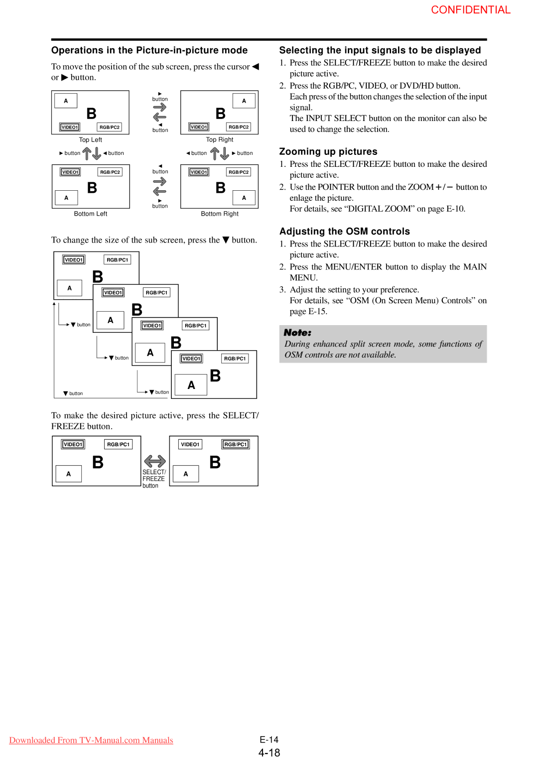 NEC PX-61XM3G Operations in the Picture-in-picture mode, Selecting the input signals to be displayed, Zooming up pictures 