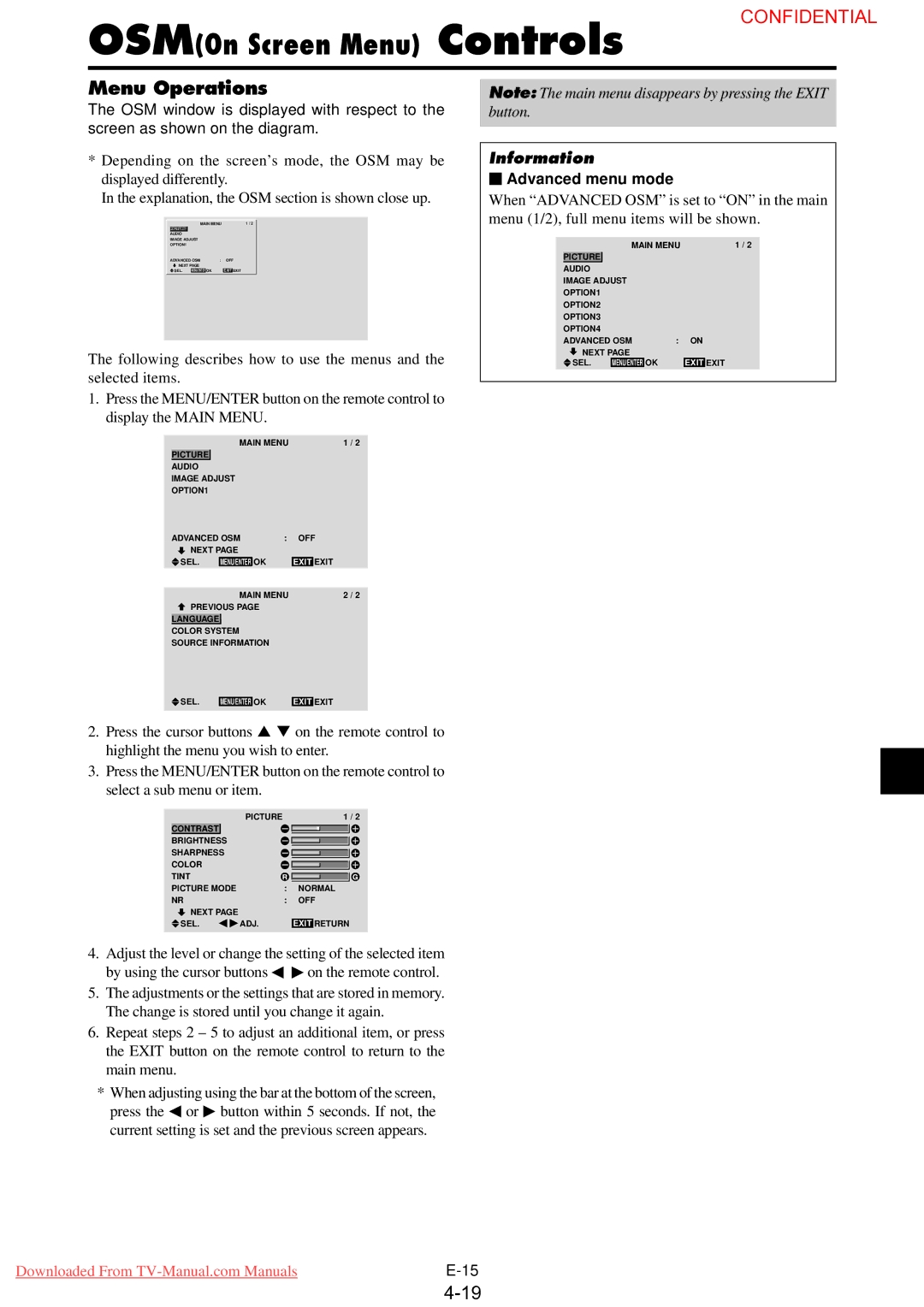 NEC PX-61XM3G user manual Menu Operations,  Advanced menu mode 