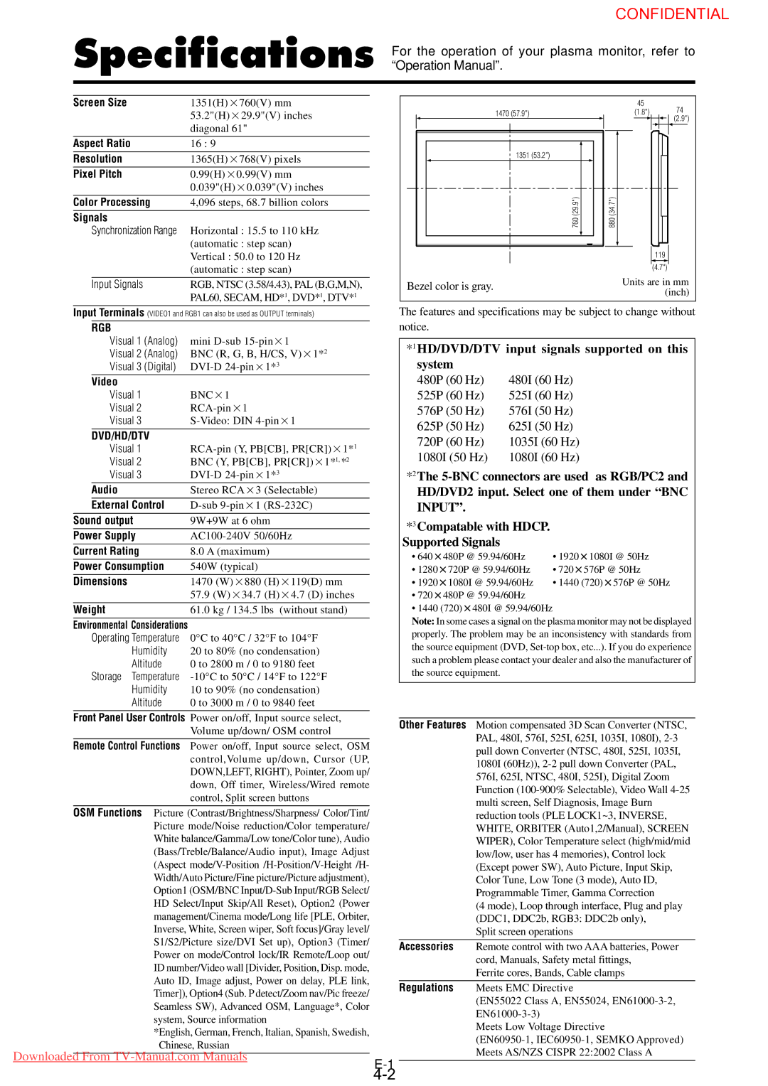 NEC PX-61XM3G user manual HD/DVD/DTV input signals supported on this system, Signals 