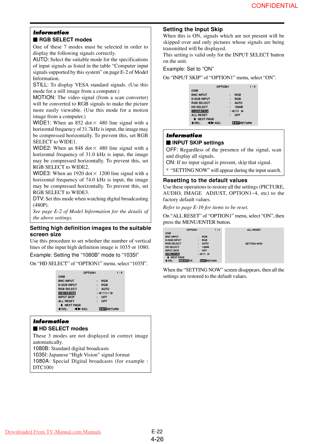 NEC PX-61XM3G user manual Setting the Input Skip, Resetting to the default values 