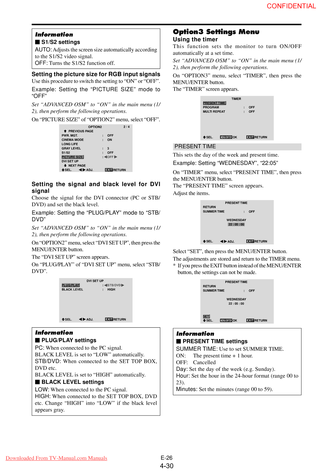 NEC PX-61XM3G user manual Option3 Settings Menu, Setting the picture size for RGB input signals, Using the timer 