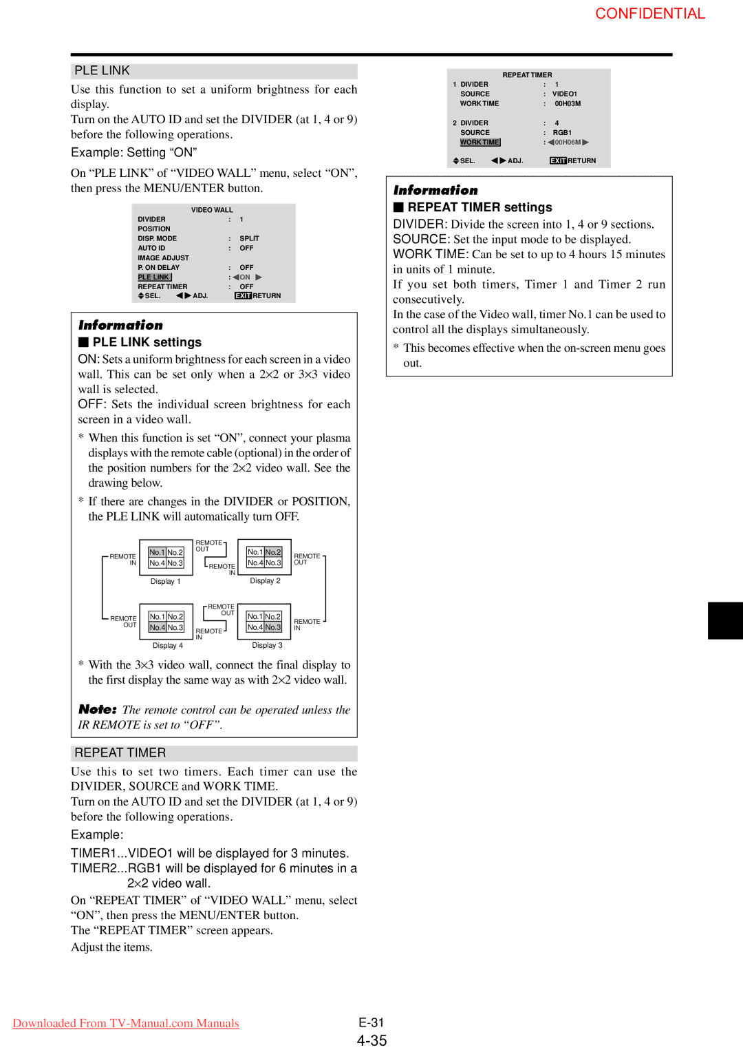 NEC PX-61XM3G user manual PLE Link settings, Repeat Timer settings 