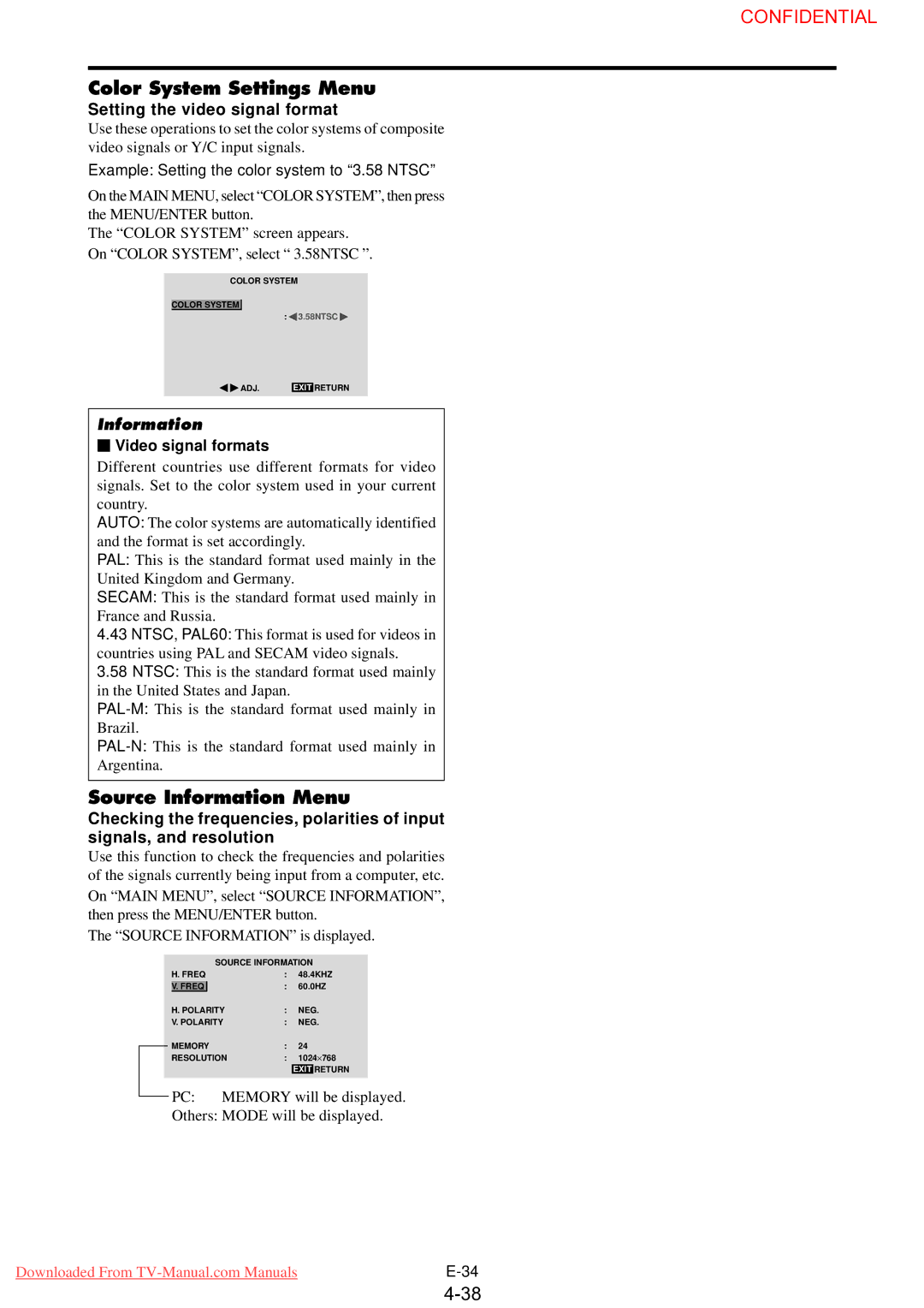 NEC PX-61XM3G Color System Settings Menu, Source Information Menu, Setting the video signal format, Video signal formats 