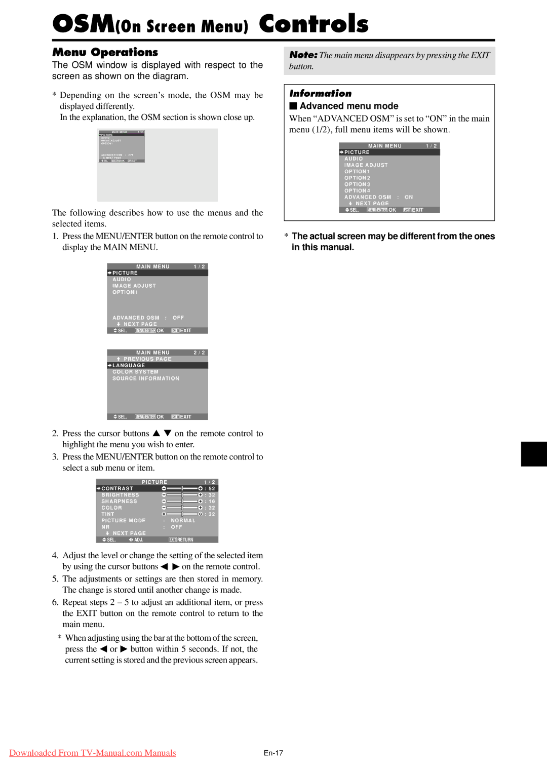 NEC PX-61XM4G Menu Operations,  Advanced menu mode, Actual screen may be different from the ones in this manual 