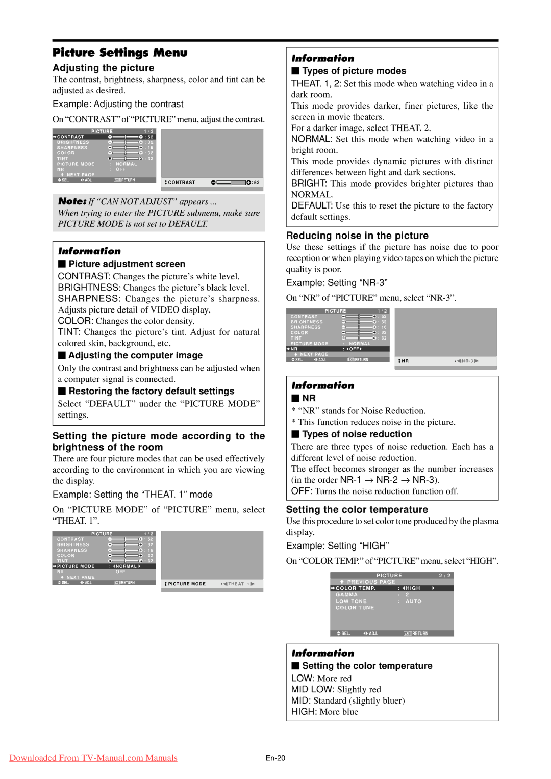 NEC PX-61XM4G Picture Settings Menu, Adjusting the picture, Reducing noise in the picture, Setting the color temperature 