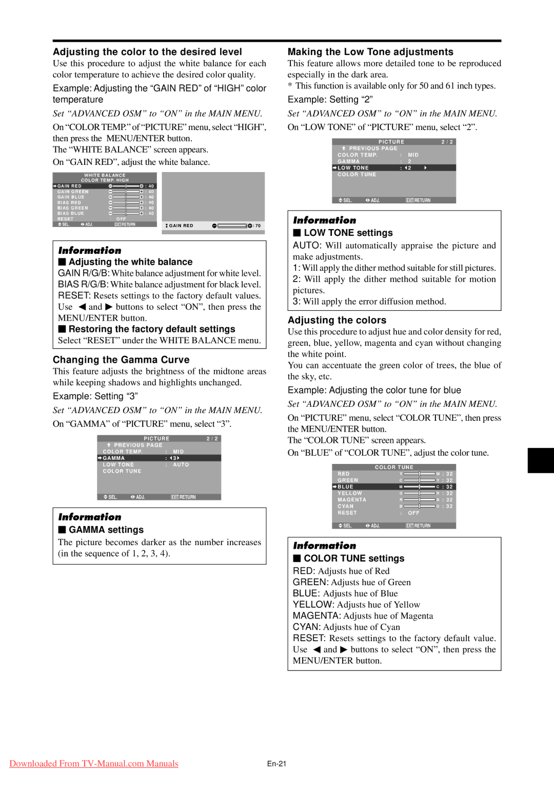 NEC PX-50XM5G Adjusting the color to the desired level, Changing the Gamma Curve, Making the Low Tone adjustments 