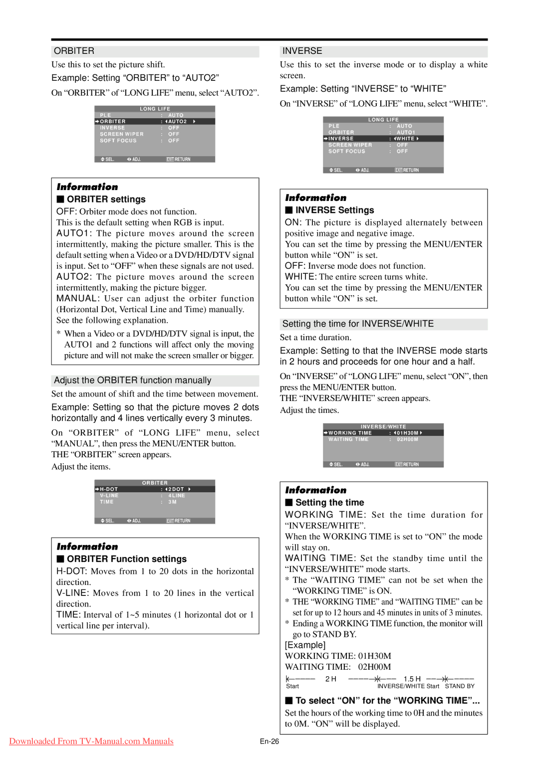 NEC PX-61XM4G, PX-50XM5G, PX-42XM4G Orbiter settings, Inverse Settings, Orbiter Function settings, Setting the time 