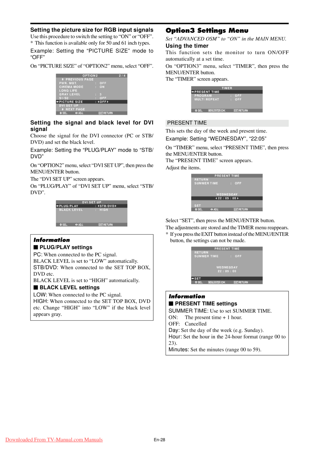 NEC PX-42XM4G, PX-61XM4G, PX-50XM5G Option3 Settings Menu, Setting the picture size for RGB input signals, Using the timer 