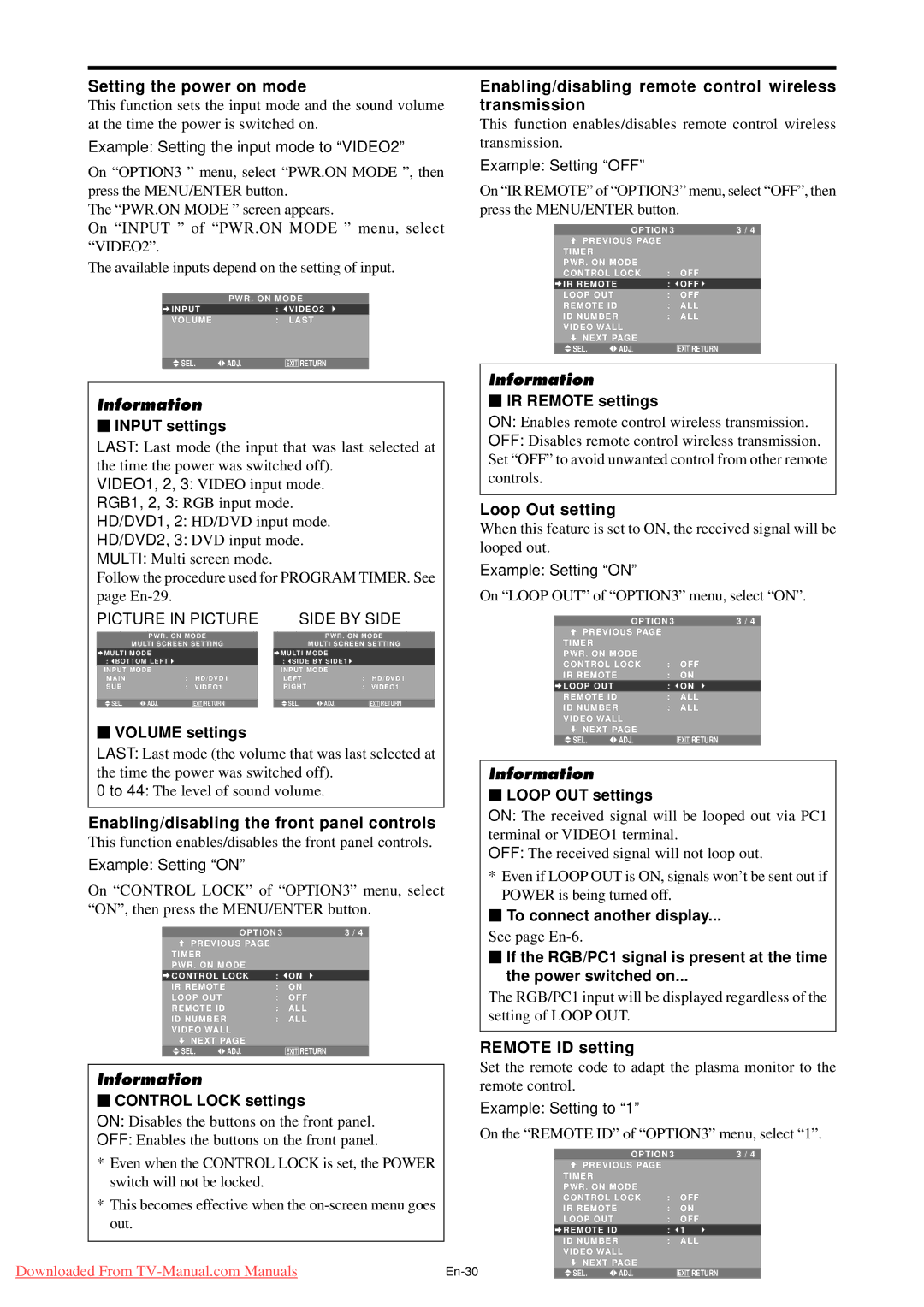 NEC PX-50XM5G Setting the power on mode, Enabling/disabling the front panel controls, Loop Out setting, Remote ID setting 