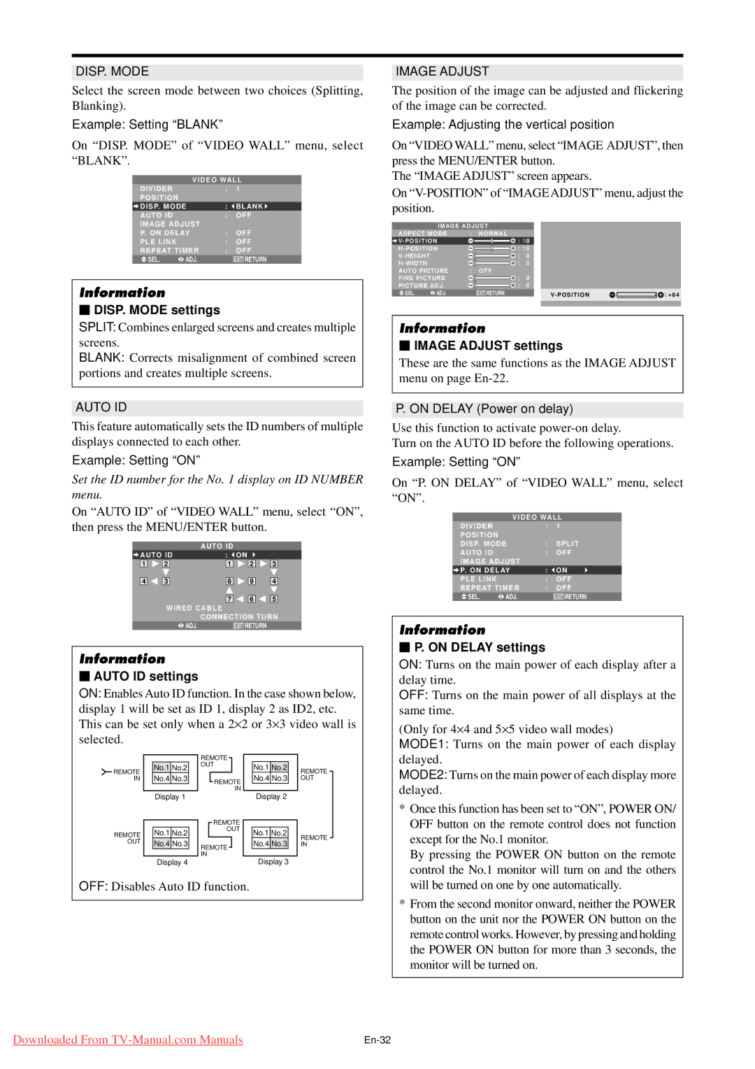 NEC PX-61XM4G, PX-50XM5G, PX-42XM4G DISP. Mode settings, Auto ID settings, Image Adjust settings, On Delay settings 