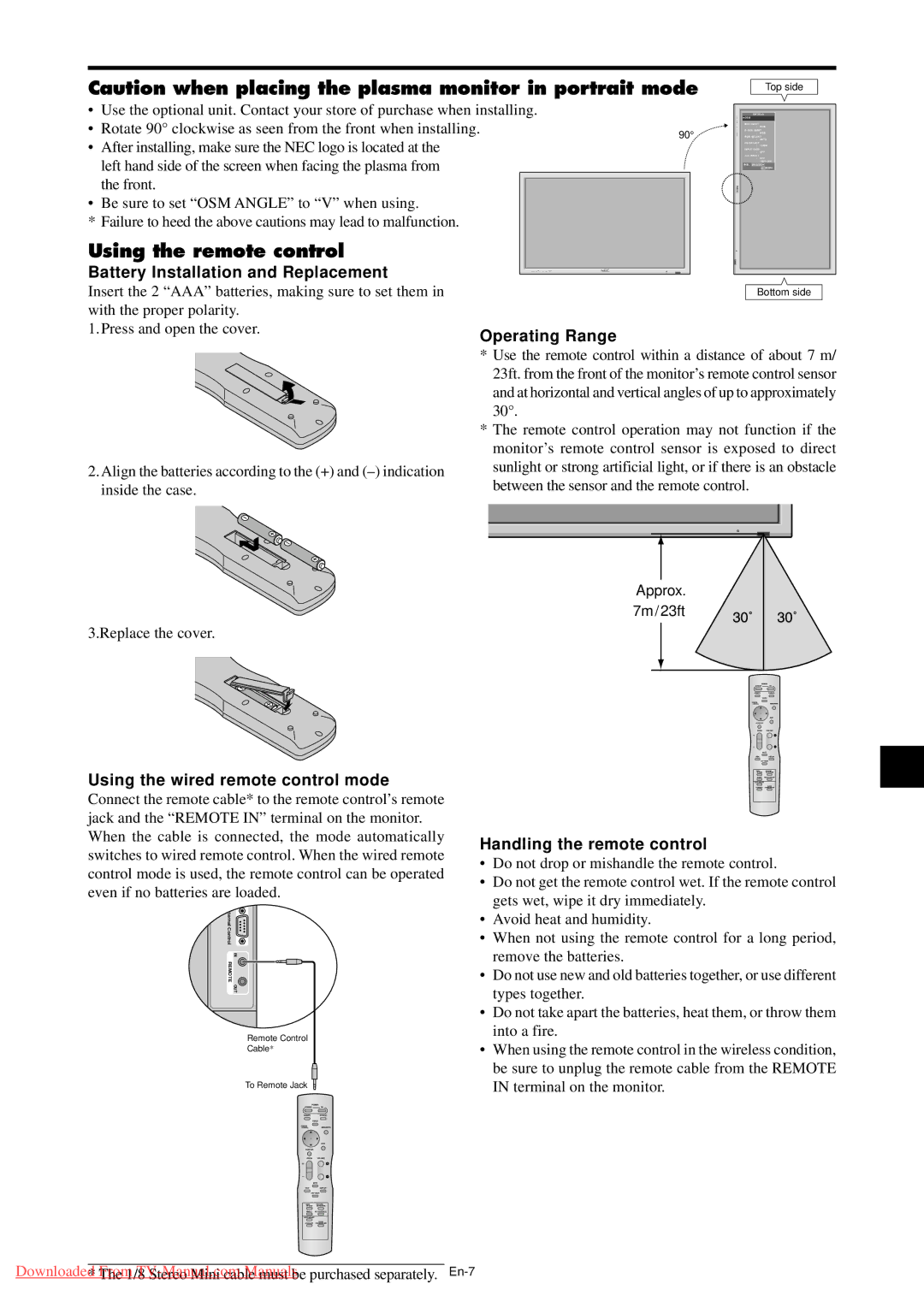 NEC PX-42XM4G Using the remote control, Battery Installation and Replacement, Using the wired remote control mode, 7m/23ft 