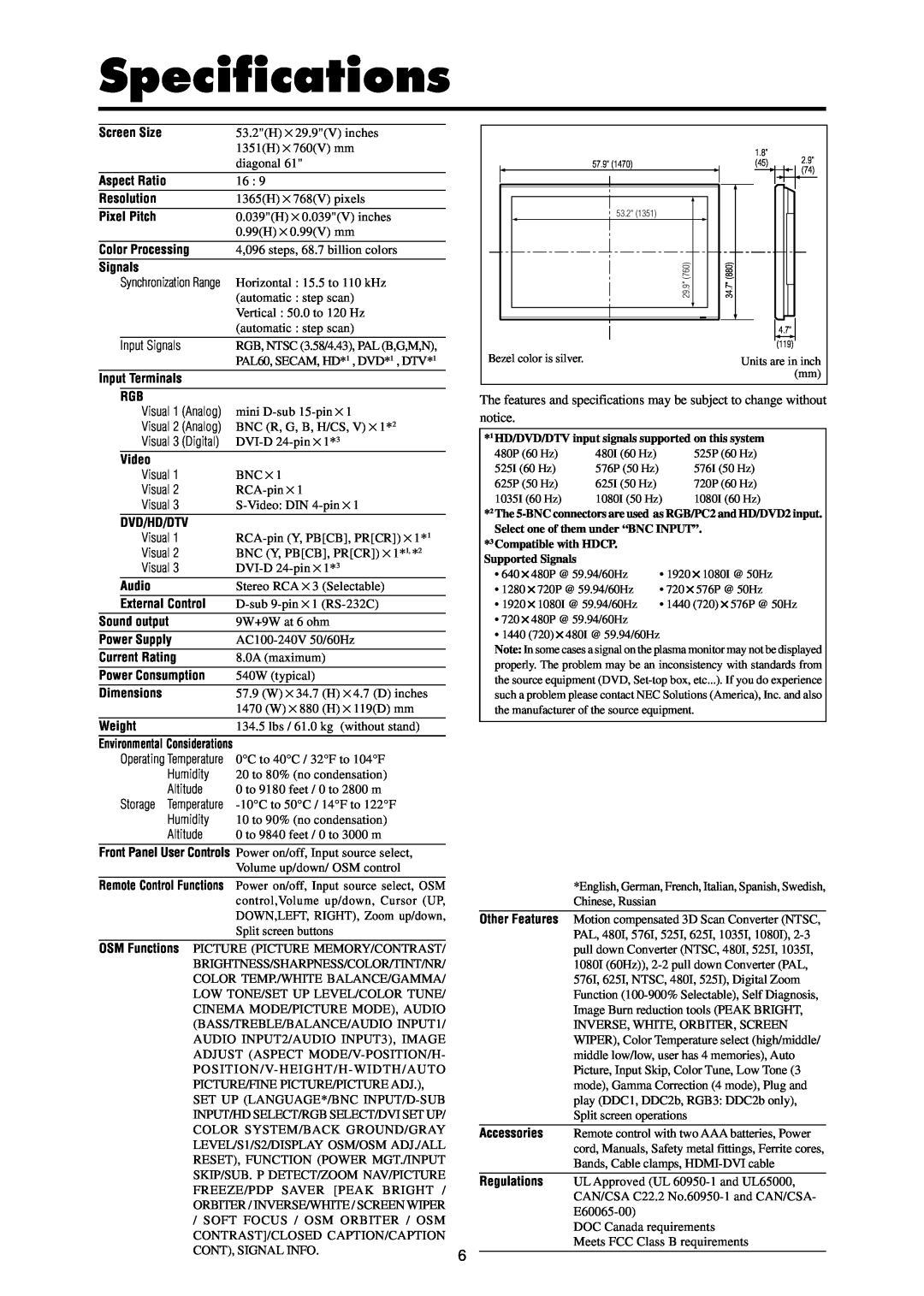 NEC PX-61XR3A operation manual Specifications 