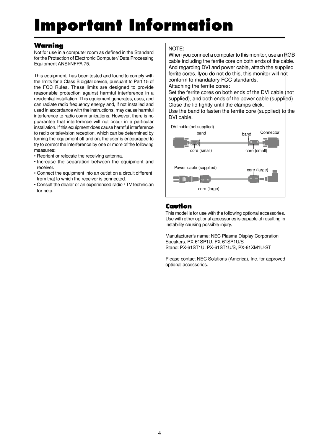 NEC PX-61XR3A operation manual Important Information 