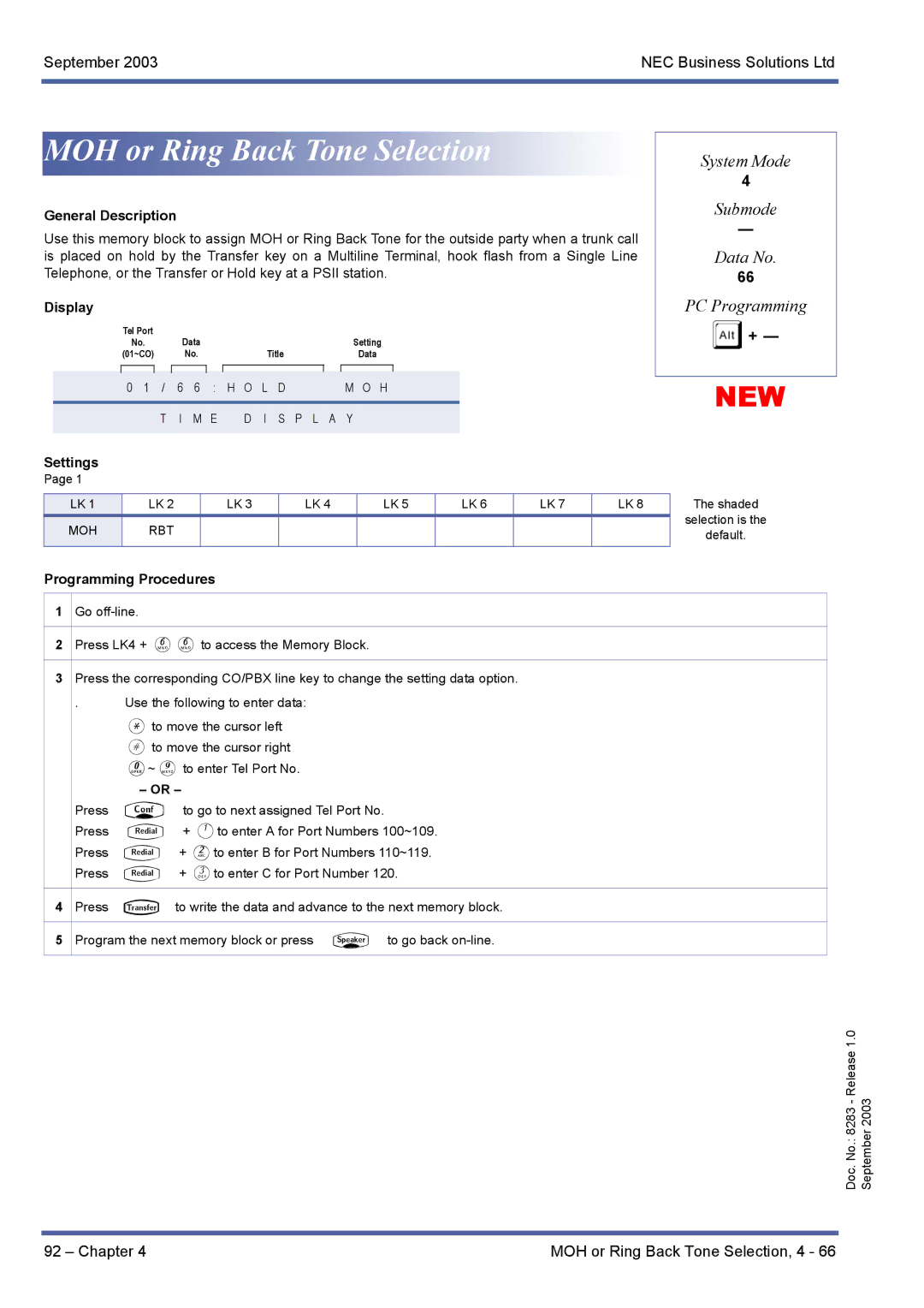 NEC R1000 manual MOH or Ring Back Tone Selection 