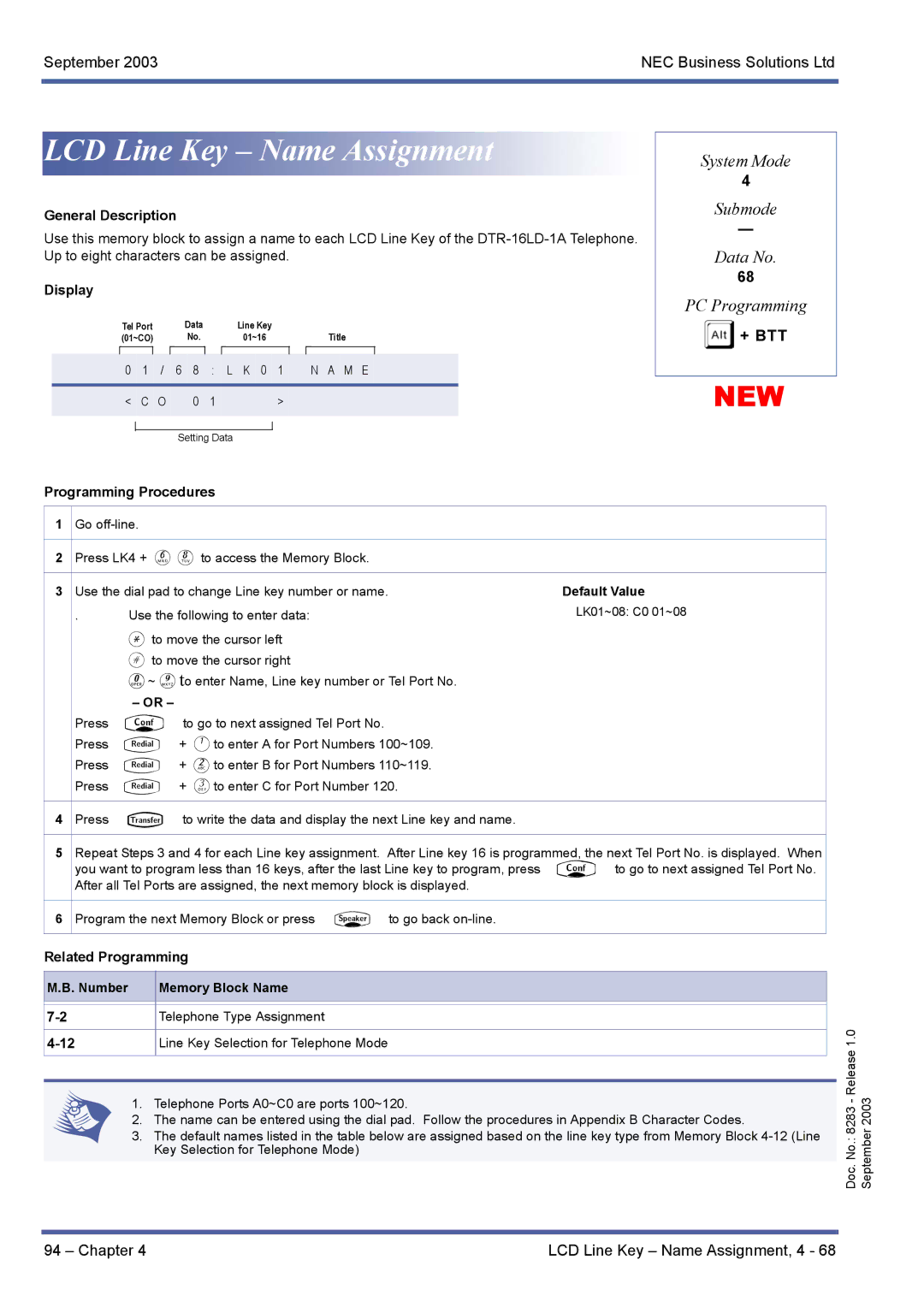 NEC R1000 manual LCD Line Key Name Assignment, + Btt 