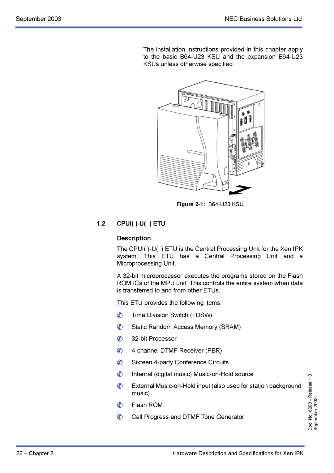 NEC R1000 manual Cpui -U ETU Description, B64-U23 KSU 