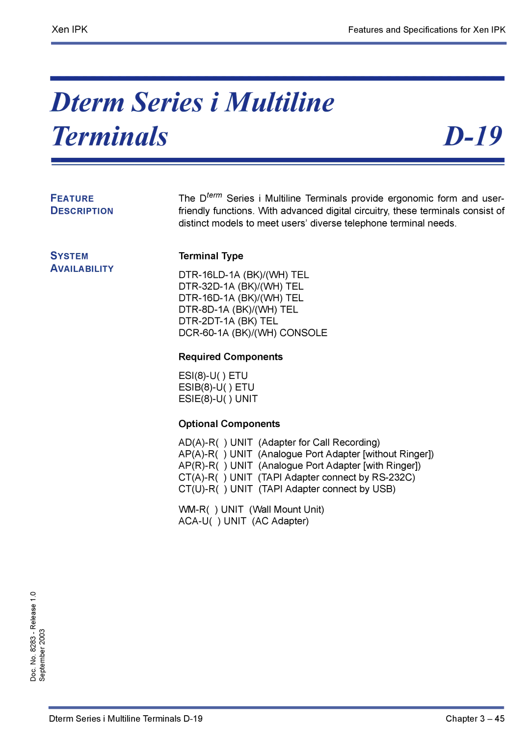 NEC R1000 manual Dterm Series i Multiline TerminalsD-19, Optional Components 