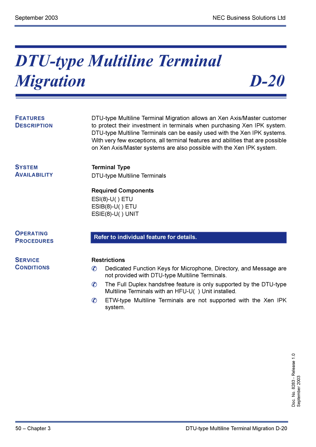 NEC R1000 manual DTU-type Multiline Terminal MigrationD-20, Terminal Type 