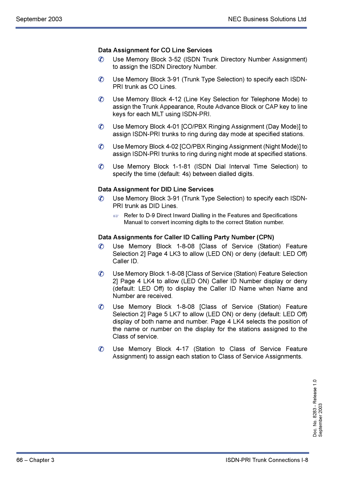 NEC R1000 manual Data Assignment for CO Line Services, Data Assignment for did Line Services 