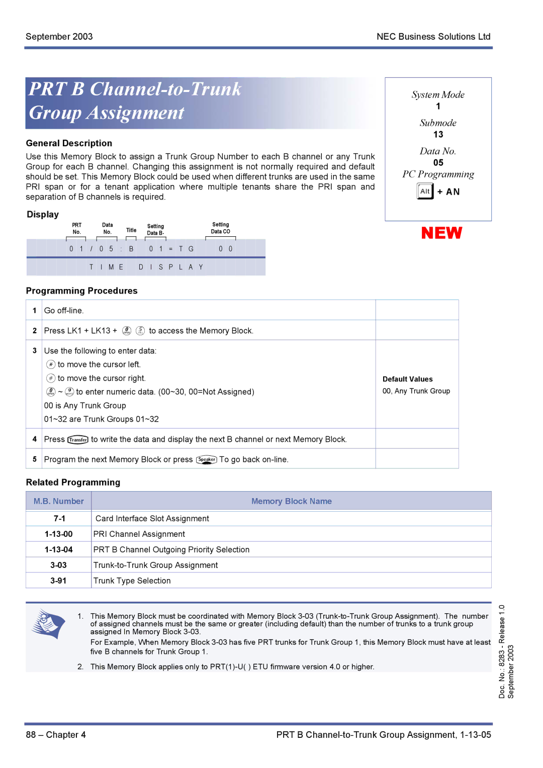 NEC R1000 manual PRT B Channel-to-Trunk Group Assignment 