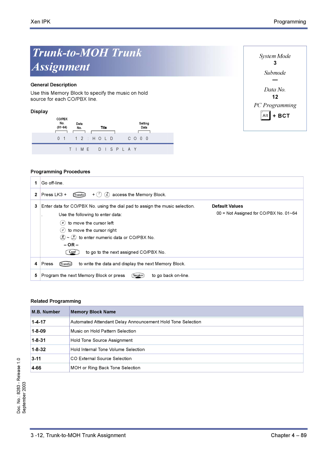 NEC R1000 manual Trunk-to-MOH Trunk Assignment, + Bct 