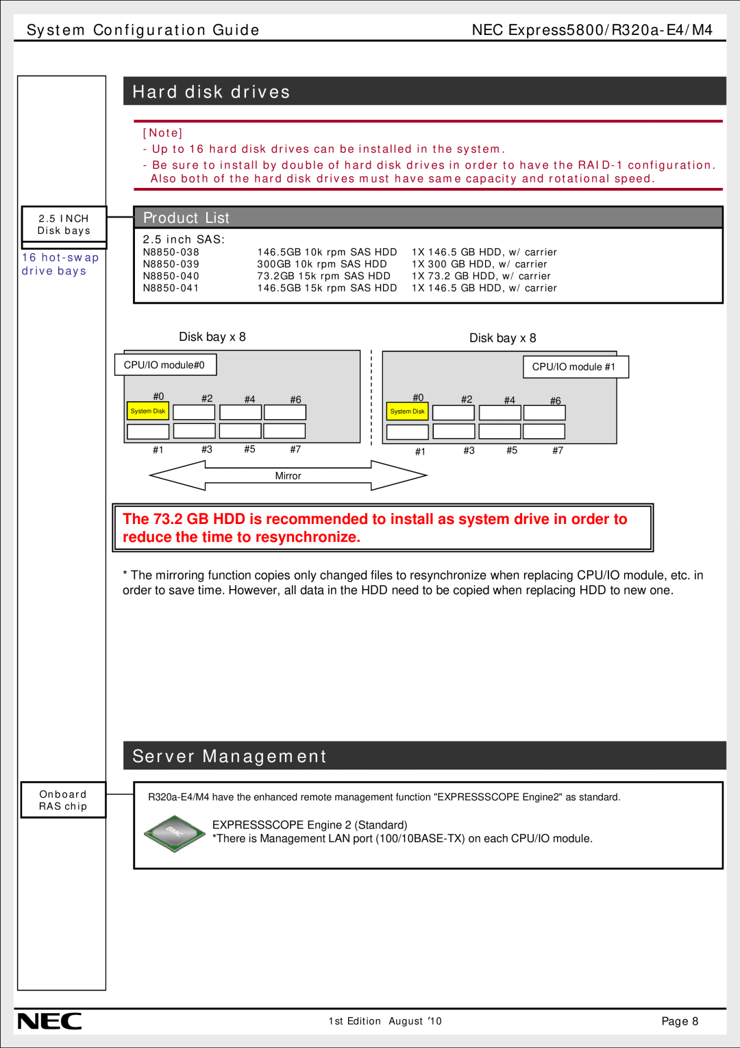 NEC R320A-E4 Hard disk drives, Server Management, System Configuration Guide, NEC Express5800/R320a-E4/M4, Product List 
