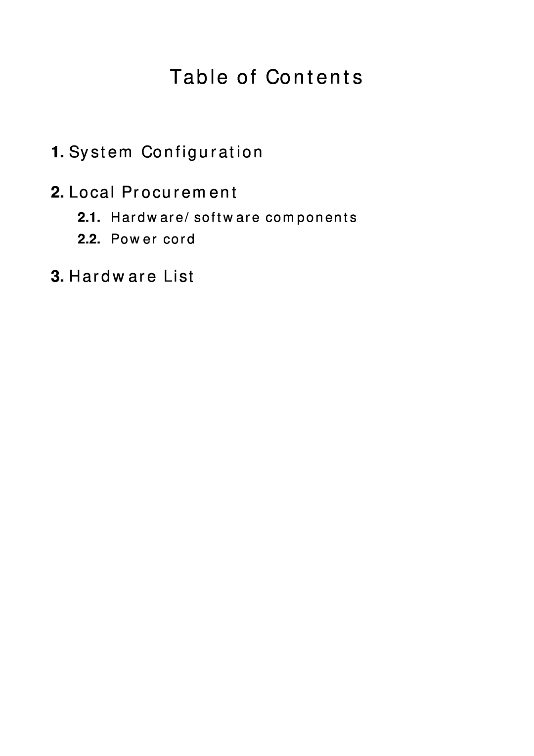 NEC R320A-E4 manual System Configuration 2. Local Procurement, Hardware List, Table of Contents 