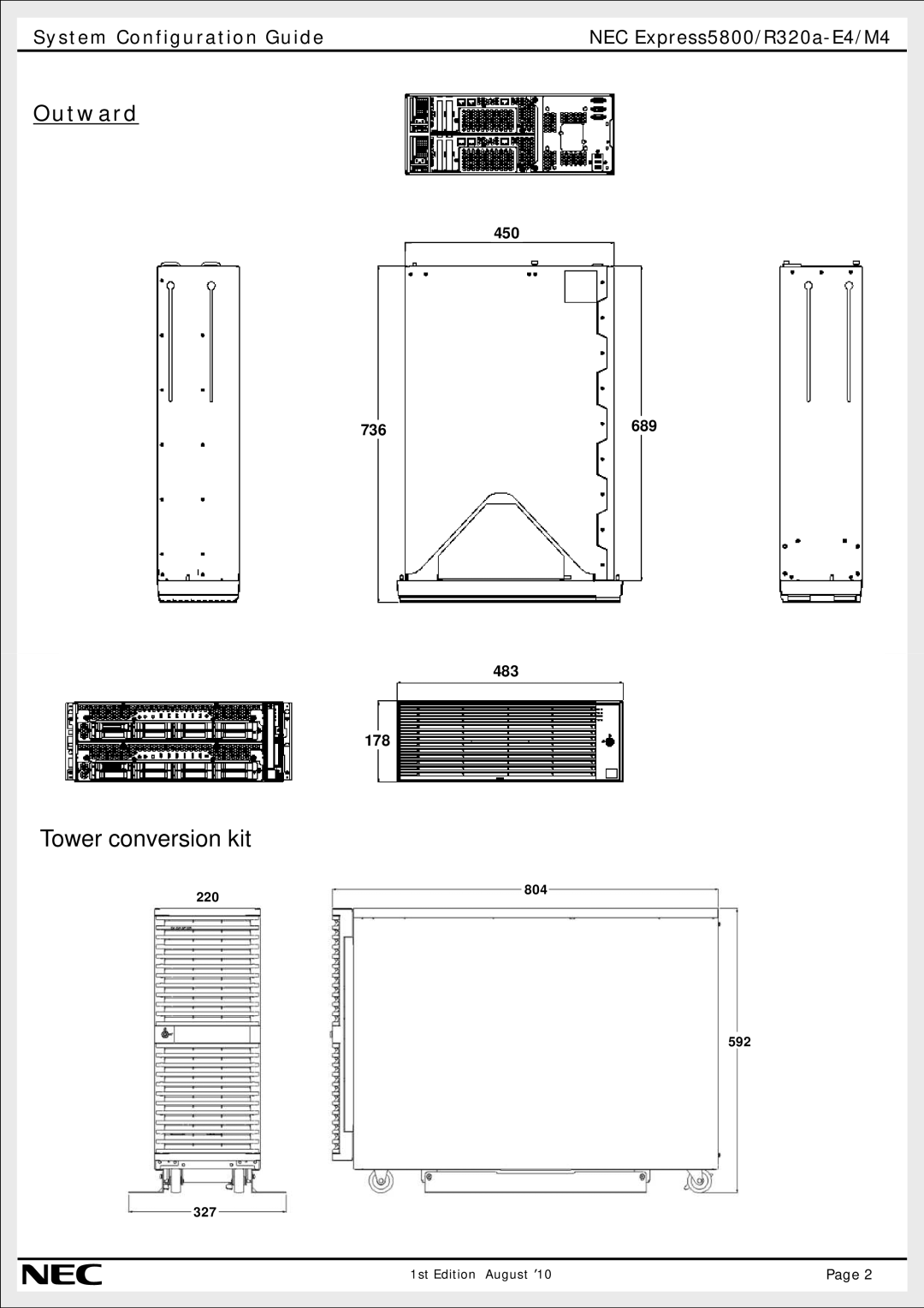 NEC R320A-E4 manual Outward, System Configuration Guide, NEC Express5800/R320a-E4/M4, 483, Tower conversion kit, 592 327 